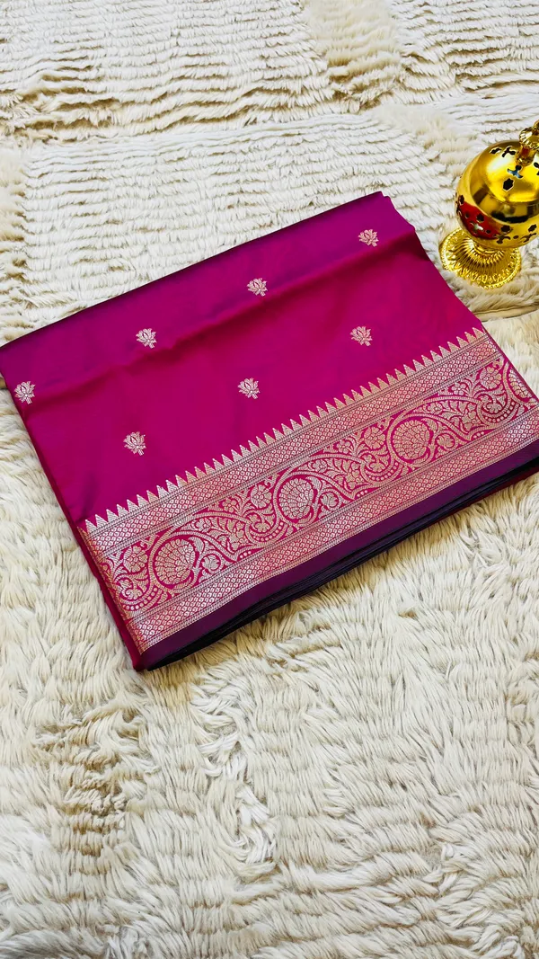 Rani_Pink_Banarasi_Semi_Mashru_Silk_Saree_with_Traditional_Antique_Gold_Zari_Border