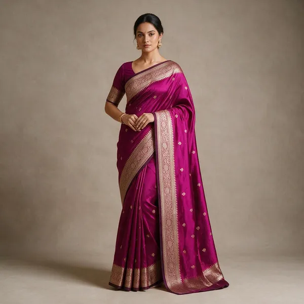 Rani_Pink_Banarasi_Semi_Mashru_Silk_Saree_with_Traditional_Antique_Gold_Zari_Border