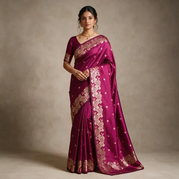 Rani_Pink_Banarasi_Semi_Mashru_Silk_Saree_with_Rich_Antique_Gold_Zari_Border