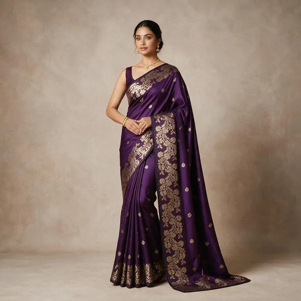 Wine_Banarasi_Semi_Mashru_Silk_Saree_with_Rich_Antique_Gold_Zari_Border