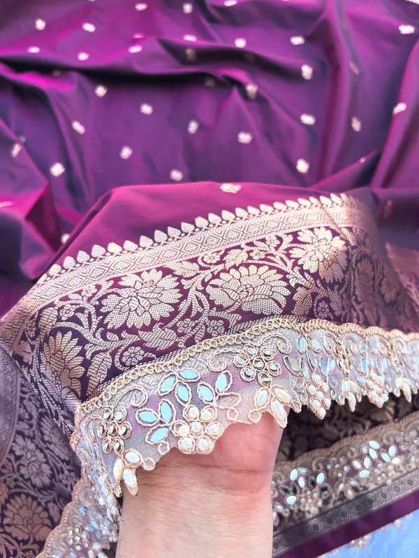 Garnet_Banarasi_Silk_Saree_with_Handcrafted_Mirror_&_Pearl_Lace_Border_|_Traditional_Festive_Saree