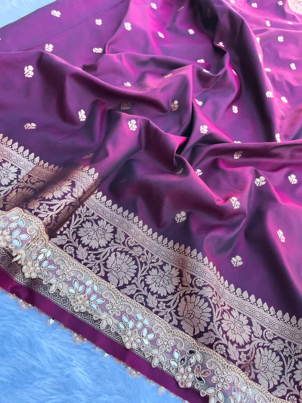 Garnet_Banarasi_Silk_Saree_with_Handcrafted_Mirror_&_Pearl_Lace_Border_|_Traditional_Festive_Saree