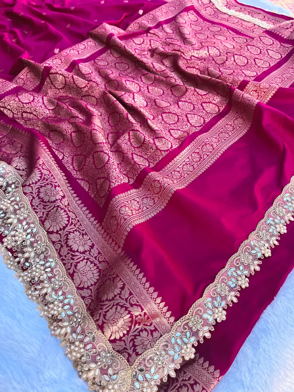 Magenta_Banarasi_Silk_Saree_with_Handcrafted_Mirror_&_Pearl_Lace_Border_|_Traditional_Festive_Saree