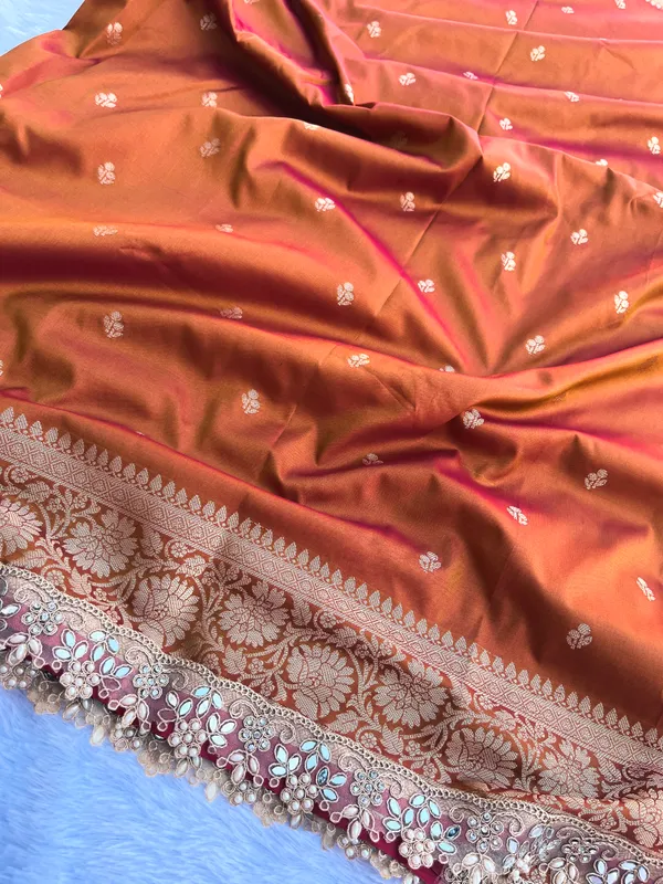 Mustard_Banarasi_Silk_Saree_with_Handcrafted_Mirror_&_Pearl_Lace_Border_|_Traditional_Festive_Saree