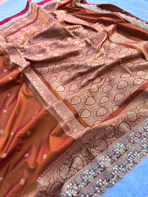 Mustard_Banarasi_Silk_Saree_with_Handcrafted_Mirror_&_Pearl_Lace_Border_|_Traditional_Festive_Saree