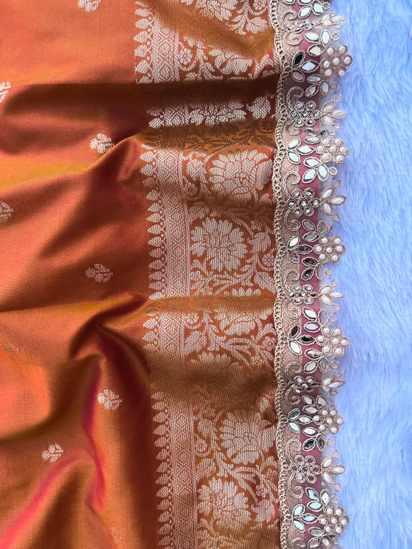 Mustard_Banarasi_Silk_Saree_with_Handcrafted_Mirror_&_Pearl_Lace_Border_|_Traditional_Festive_Saree