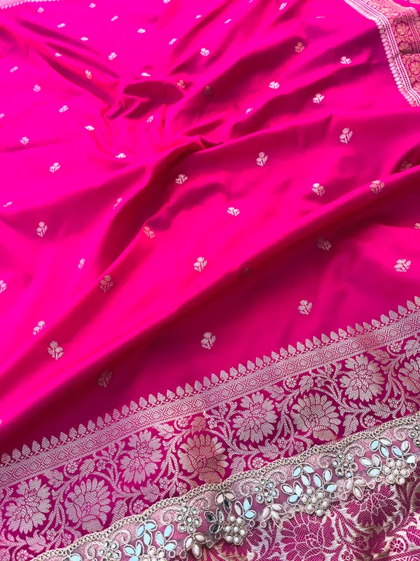 Rani_Pink_Banarasi_Silk_Saree_with_Handcrafted_Mirror_&_Pearl_Lace_Border_|_Traditional_Festive_Saree