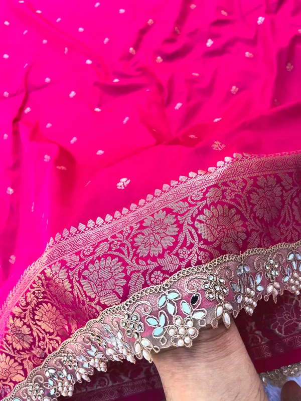 Rani_Pink_Banarasi_Silk_Saree_with_Handcrafted_Mirror_&_Pearl_Lace_Border_|_Traditional_Festive_Saree