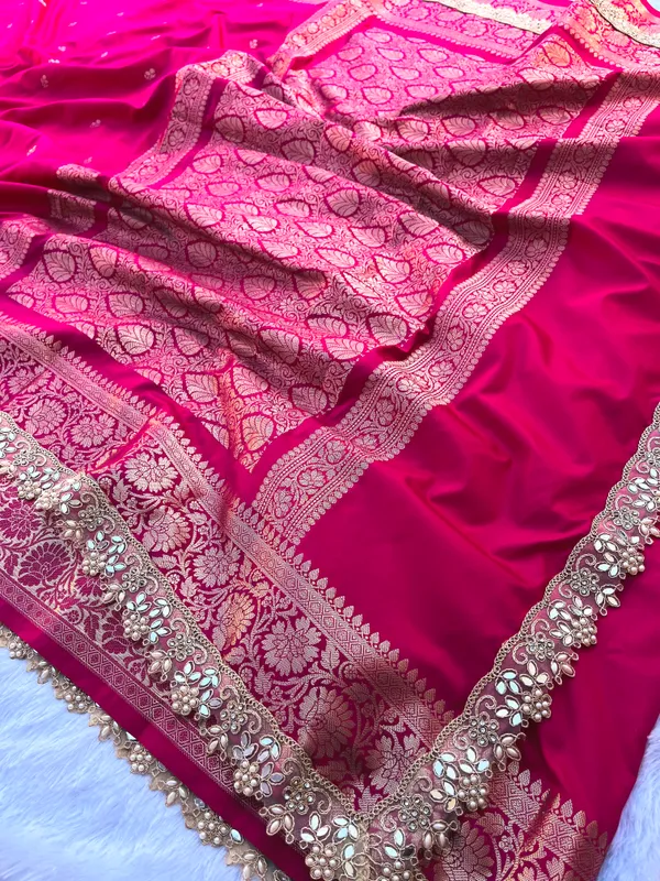 Rani_Pink_Banarasi_Silk_Saree_with_Handcrafted_Mirror_&_Pearl_Lace_Border_|_Traditional_Festive_Saree