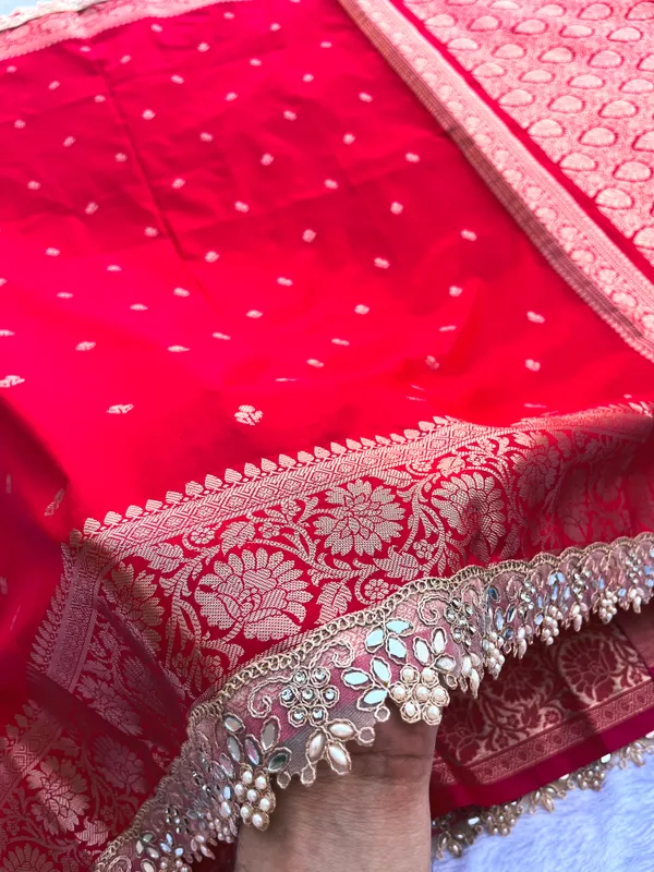 Blood_Red_Banarasi_Silk_Saree_with_Handcrafted_Mirror_&_Pearl_Lace_Border_|_Traditional_Festive_Saree