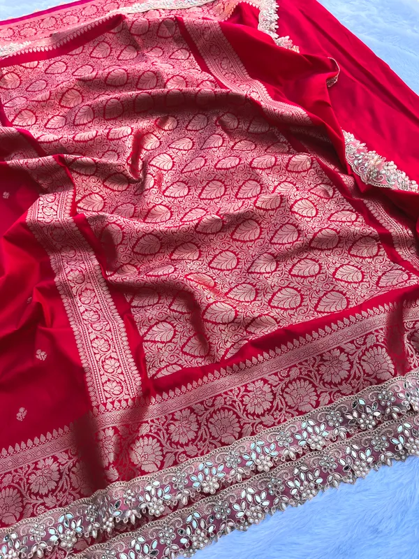 Blood_Red_Banarasi_Silk_Saree_with_Handcrafted_Mirror_&_Pearl_Lace_Border_|_Traditional_Festive_Saree