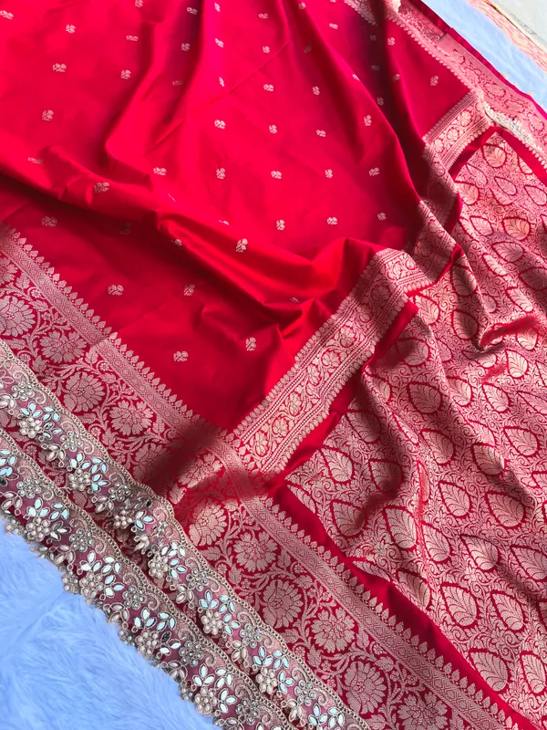 Blood_Red_Banarasi_Silk_Saree_with_Handcrafted_Mirror_&_Pearl_Lace_Border_|_Traditional_Festive_Saree