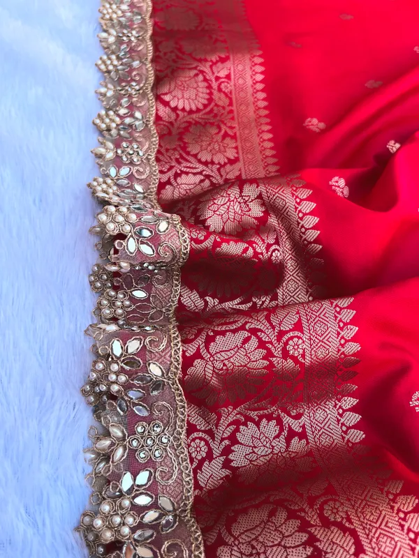 Blood_Red_Banarasi_Silk_Saree_with_Handcrafted_Mirror_&_Pearl_Lace_Border_|_Traditional_Festive_Saree