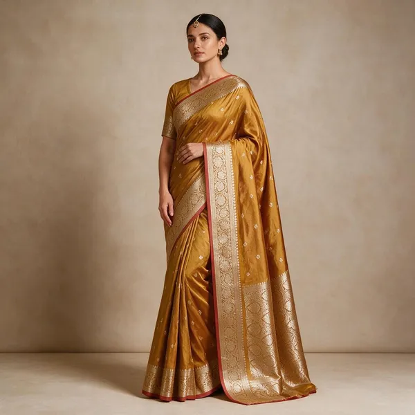 Mustard_Banarasi_Semi_Mashru_Silk_Saree_with_Traditional_Antique_Gold_Zari_Border