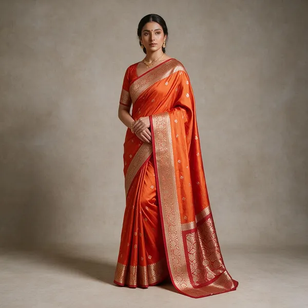 Orange_Banarasi_Semi_Mashru_Silk_Saree_with_Traditional_Antique_Gold_Zari_Border