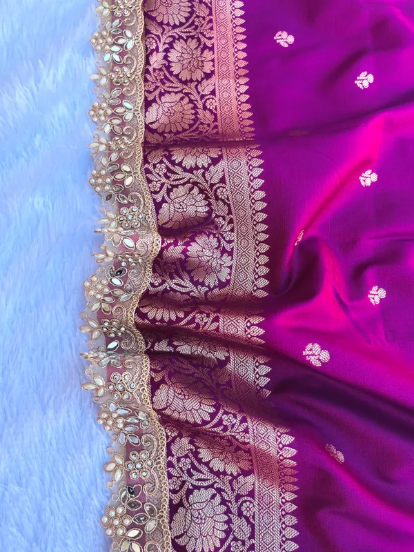 Wine_Banarasi_Silk_Saree_with_Handcrafted_Mirror_&_Pearl_Lace_Border_|_Traditional_Festive_Saree