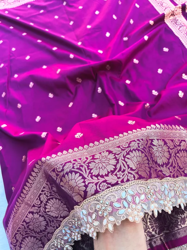 Wine_Banarasi_Silk_Saree_with_Handcrafted_Mirror_&_Pearl_Lace_Border_|_Traditional_Festive_Saree