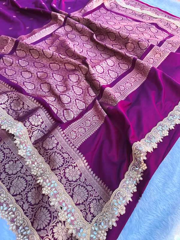 Wine_Banarasi_Silk_Saree_with_Handcrafted_Mirror_&_Pearl_Lace_Border_|_Traditional_Festive_Saree