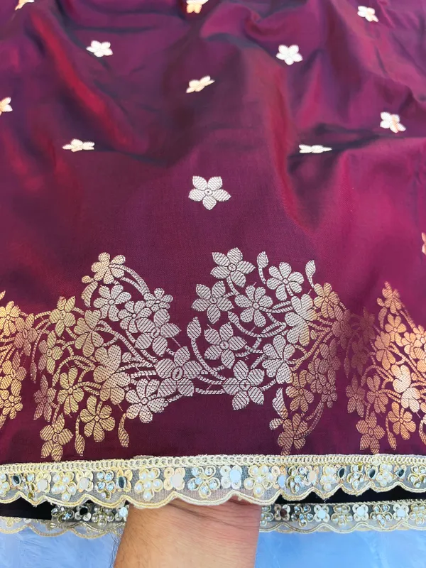 Garnet_Banarasi_Silk_Saree_with_Handcrafted_Mirror_&_Pearl_Lace_Border_|_Traditional_Festive_Saree