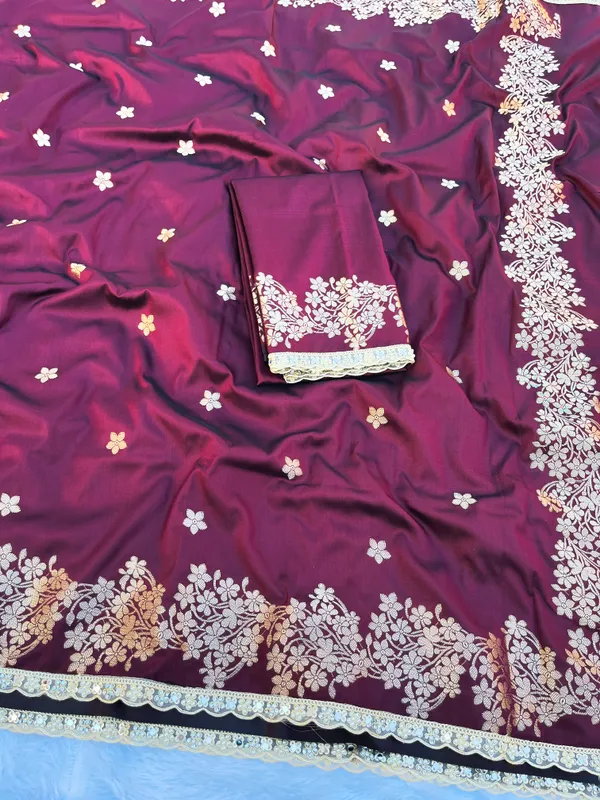 Garnet_Banarasi_Silk_Saree_with_Handcrafted_Mirror_&_Pearl_Lace_Border_|_Traditional_Festive_Saree