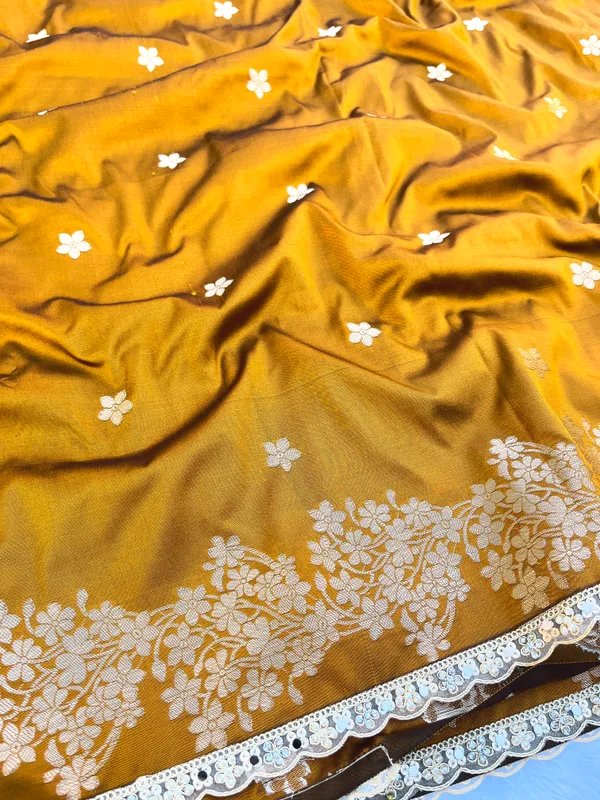 Mustard_Banarasi_Silk_Saree_with_Handcrafted_Mirror_&_Pearl_Lace_Border_|_Traditional_Festive_Saree