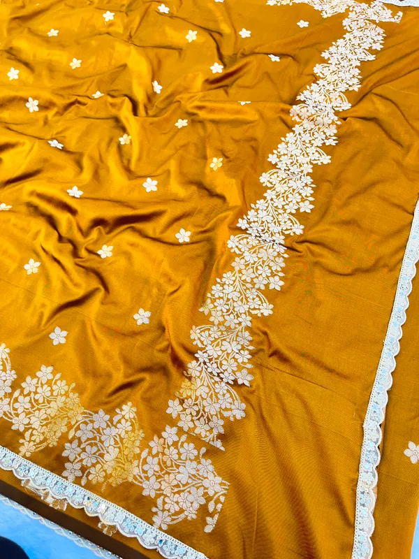 Mustard_Banarasi_Silk_Saree_with_Handcrafted_Mirror_&_Pearl_Lace_Border_|_Traditional_Festive_Saree