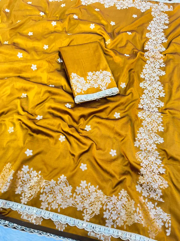 Mustard_Banarasi_Silk_Saree_with_Handcrafted_Mirror_&_Pearl_Lace_Border_|_Traditional_Festive_Saree