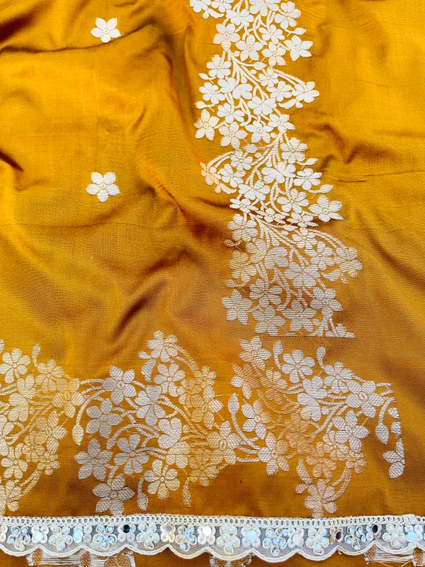 Mustard_Banarasi_Silk_Saree_with_Handcrafted_Mirror_&_Pearl_Lace_Border_|_Traditional_Festive_Saree