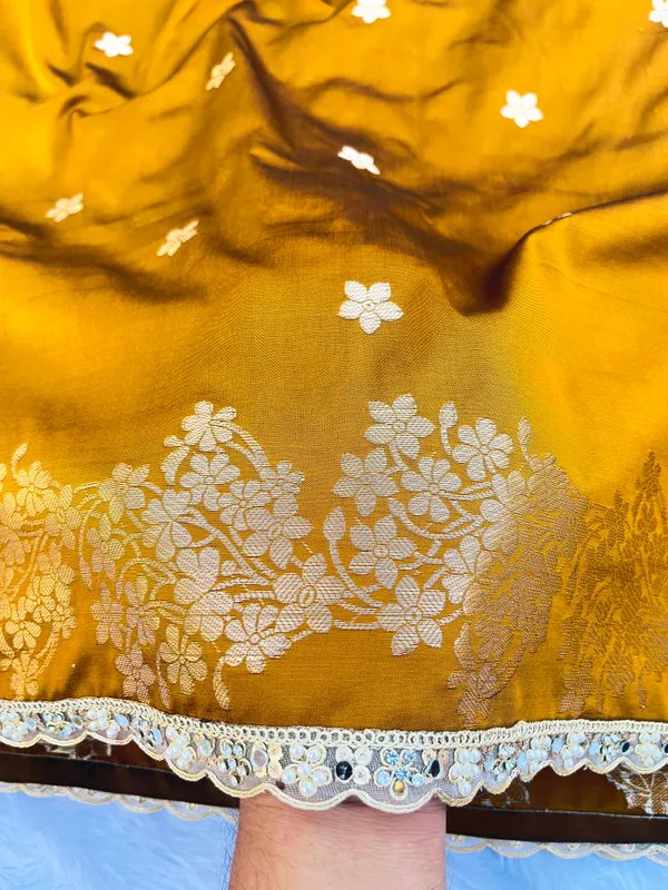 Mustard_Banarasi_Silk_Saree_with_Handcrafted_Mirror_&_Pearl_Lace_Border_|_Traditional_Festive_Saree