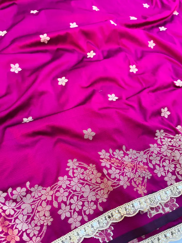 Rani_Pink_Banarasi_Silk_Saree_with_Handcrafted_Mirror_&_Pearl_Lace_Border_|_Traditional_Festive_Saree