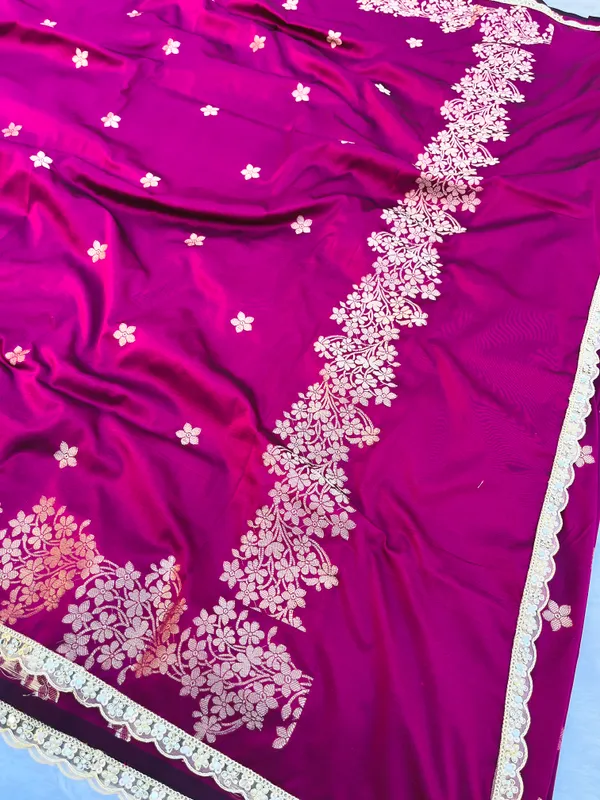 Rani_Pink_Banarasi_Silk_Saree_with_Handcrafted_Mirror_&_Pearl_Lace_Border_|_Traditional_Festive_Saree