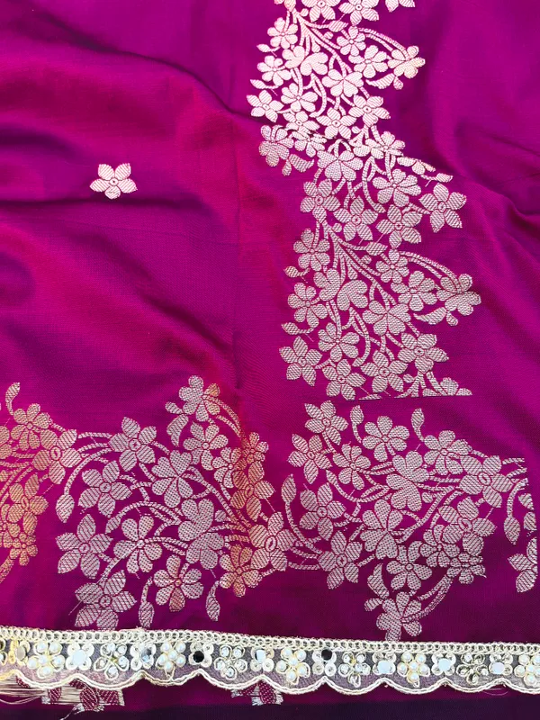 Rani_Pink_Banarasi_Silk_Saree_with_Handcrafted_Mirror_&_Pearl_Lace_Border_|_Traditional_Festive_Saree
