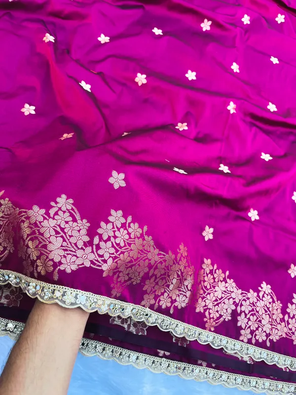 Rani_Pink_Banarasi_Silk_Saree_with_Handcrafted_Mirror_&_Pearl_Lace_Border_|_Traditional_Festive_Saree