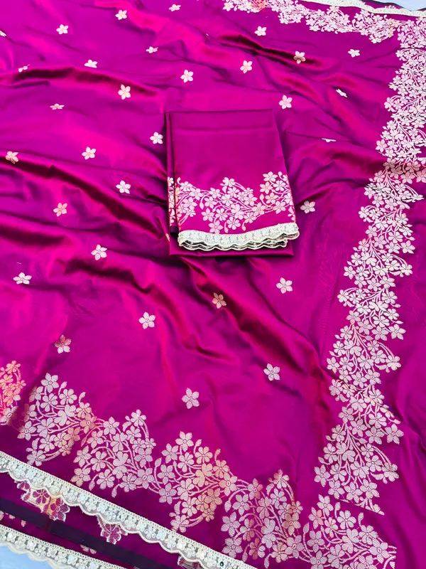 Rani_Pink_Banarasi_Silk_Saree_with_Handcrafted_Mirror_&_Pearl_Lace_Border_|_Traditional_Festive_Saree