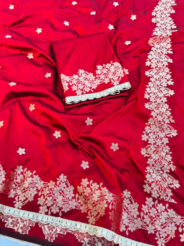 Blood_Red_Banarasi_Silk_Saree_with_Handcrafted_Mirror_&_Pearl_Lace_Border_|_Traditional_Festive_Saree