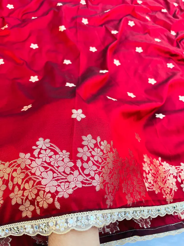Blood_Red_Banarasi_Silk_Saree_with_Handcrafted_Mirror_&_Pearl_Lace_Border_|_Traditional_Festive_Saree