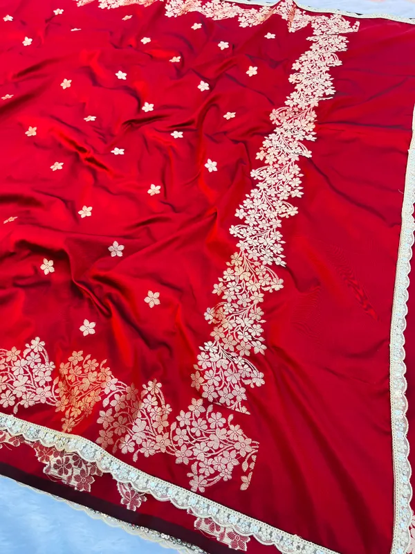 Blood_Red_Banarasi_Silk_Saree_with_Handcrafted_Mirror_&_Pearl_Lace_Border_|_Traditional_Festive_Saree
