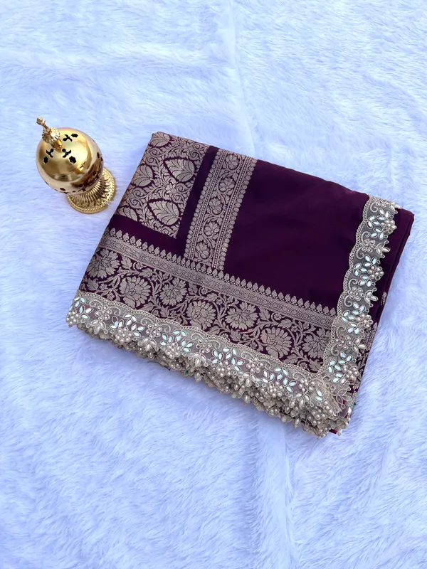 Garnet_Banarasi_Silk_Saree_with_Handcrafted_Mirror_&_Pearl_Lace_Border_|_Traditional_Festive_Saree