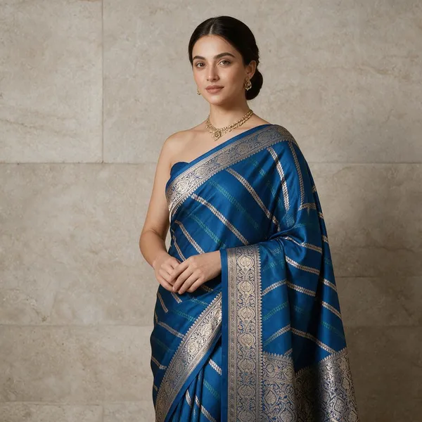 Sky_Blue_Mashru_Katan_Silk_Diagonal_Zari_Stripes_Floral_Border_Saree_For_Women