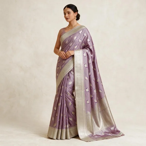 Light_Purple_Mashru_Katan_Silk_Paan_Buti_Antique_Zari_Pallu_Banarasi_Saree_For_Women