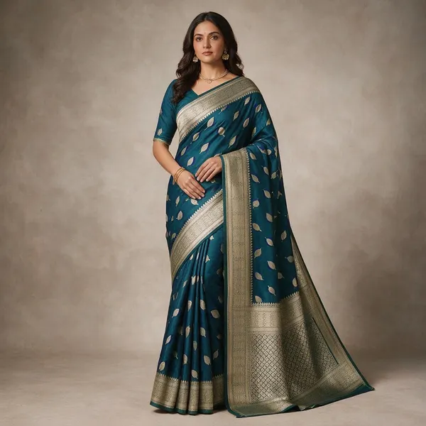 Peacock_Blue_Mashru_Katan_Silk_Paan_Buti_Antique_Zari_Pallu_Saree_For_Women