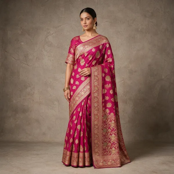 Rani_Pink_Mashru_Katan_Silk_Guldasta_Buti_Zari_Saree_For_Women