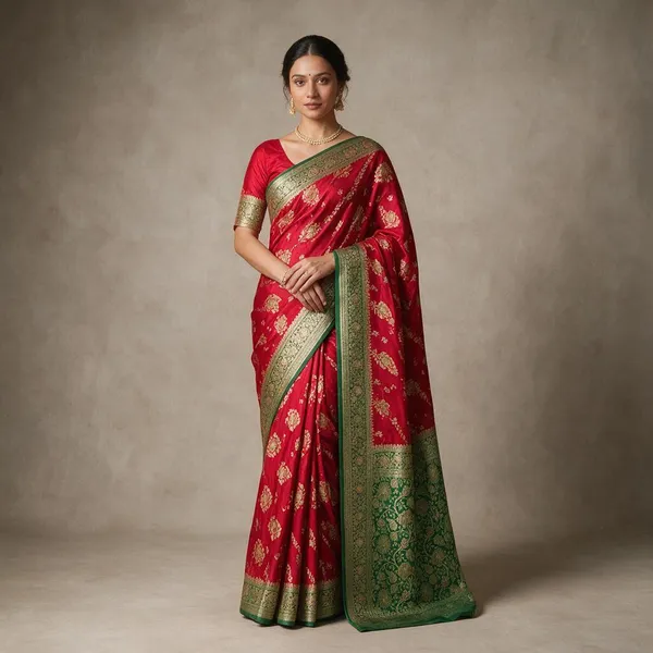Red_Mashru_Katan_Silk_Floral_Zari_Green_Pallu_Banarasi_Saree_For_Women