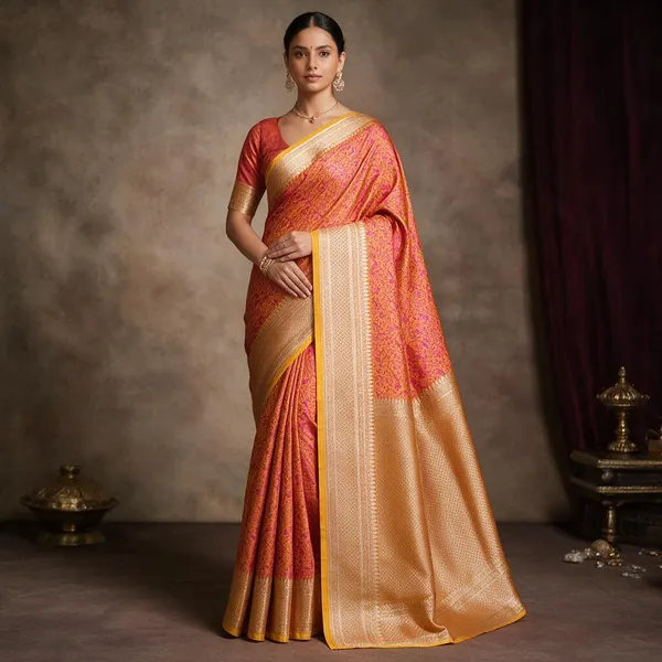 Pinkish_Orange_Mashru_Tanchoi_Silk_Floral_Jaal_Banarasi_Saree_For_Women
