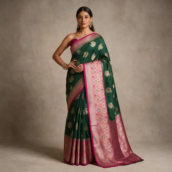 Banarasi_Bottle_Green_Semi_Katan_Silk_Saree_With_Rani_Pink_Contrast_Border_&_Pallu