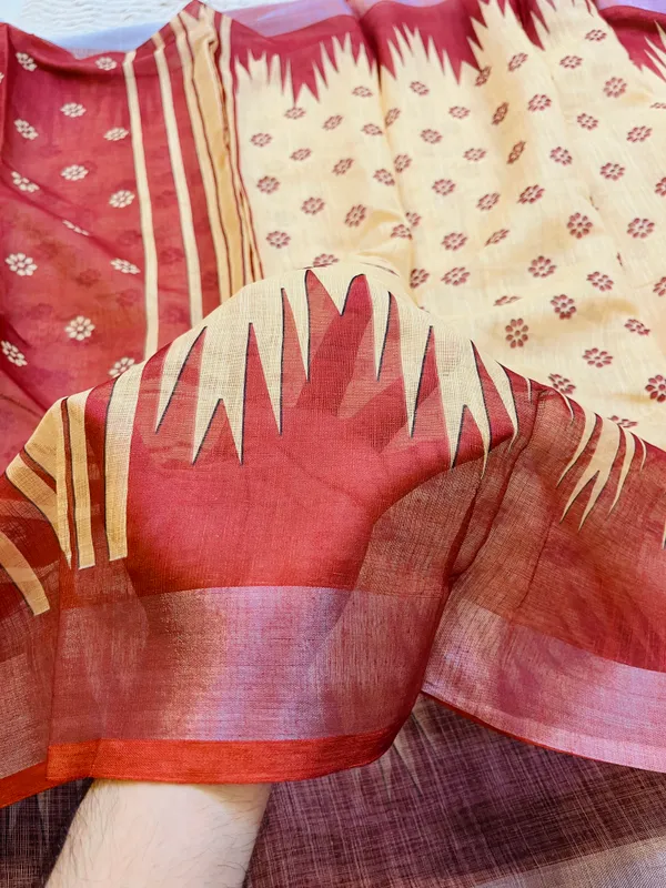 Beige_&_Rust_Red_Banarasi_Linen_Cotton_Saree_with_Temple_Border_&_Floral_Butis