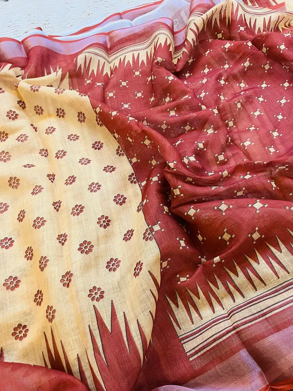 Beige_&_Rust_Red_Banarasi_Linen_Cotton_Saree_with_Temple_Border_&_Floral_Butis
