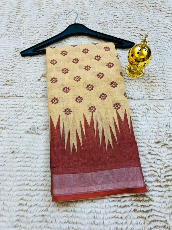 Beige_&_Rust_Red_Banarasi_Linen_Cotton_Saree_with_Temple_Border_&_Floral_Butis