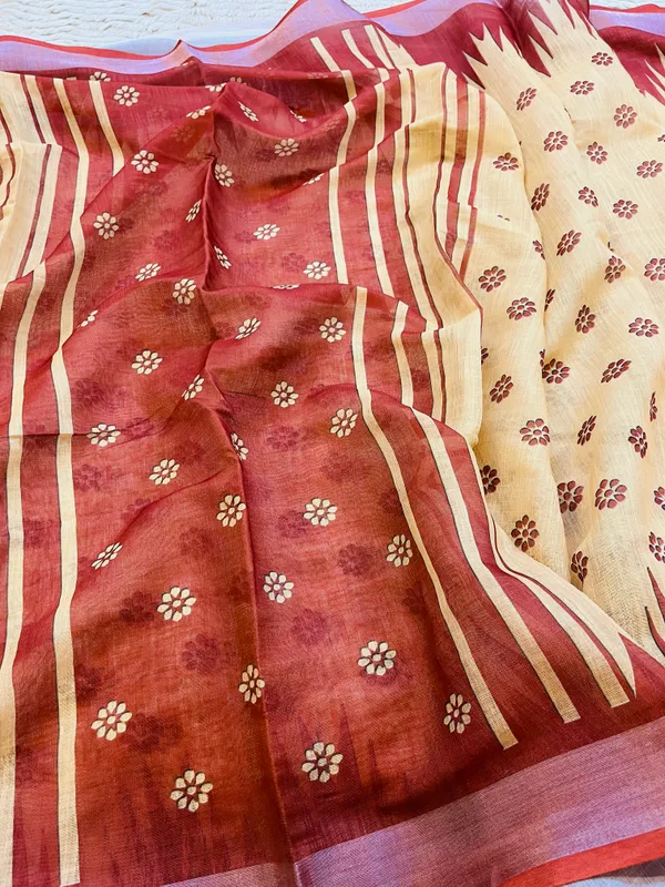 Beige_&_Rust_Red_Banarasi_Linen_Cotton_Saree_with_Temple_Border_&_Floral_Butis