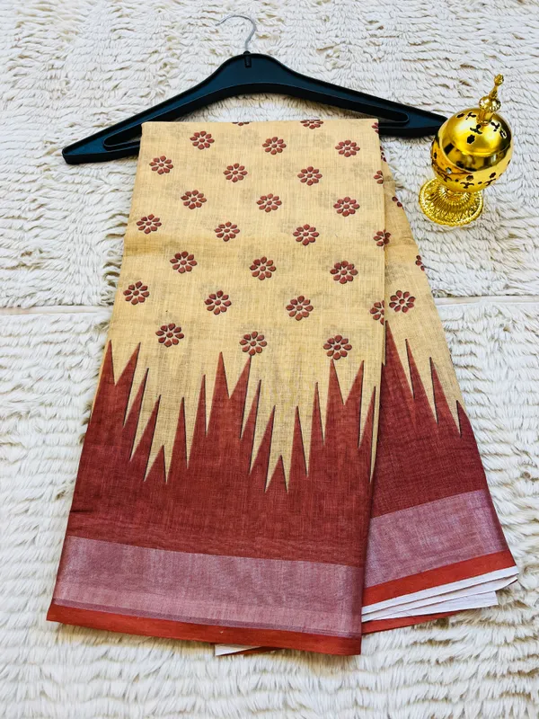 Beige_&_Rust_Red_Banarasi_Linen_Cotton_Saree_with_Temple_Border_&_Floral_Butis
